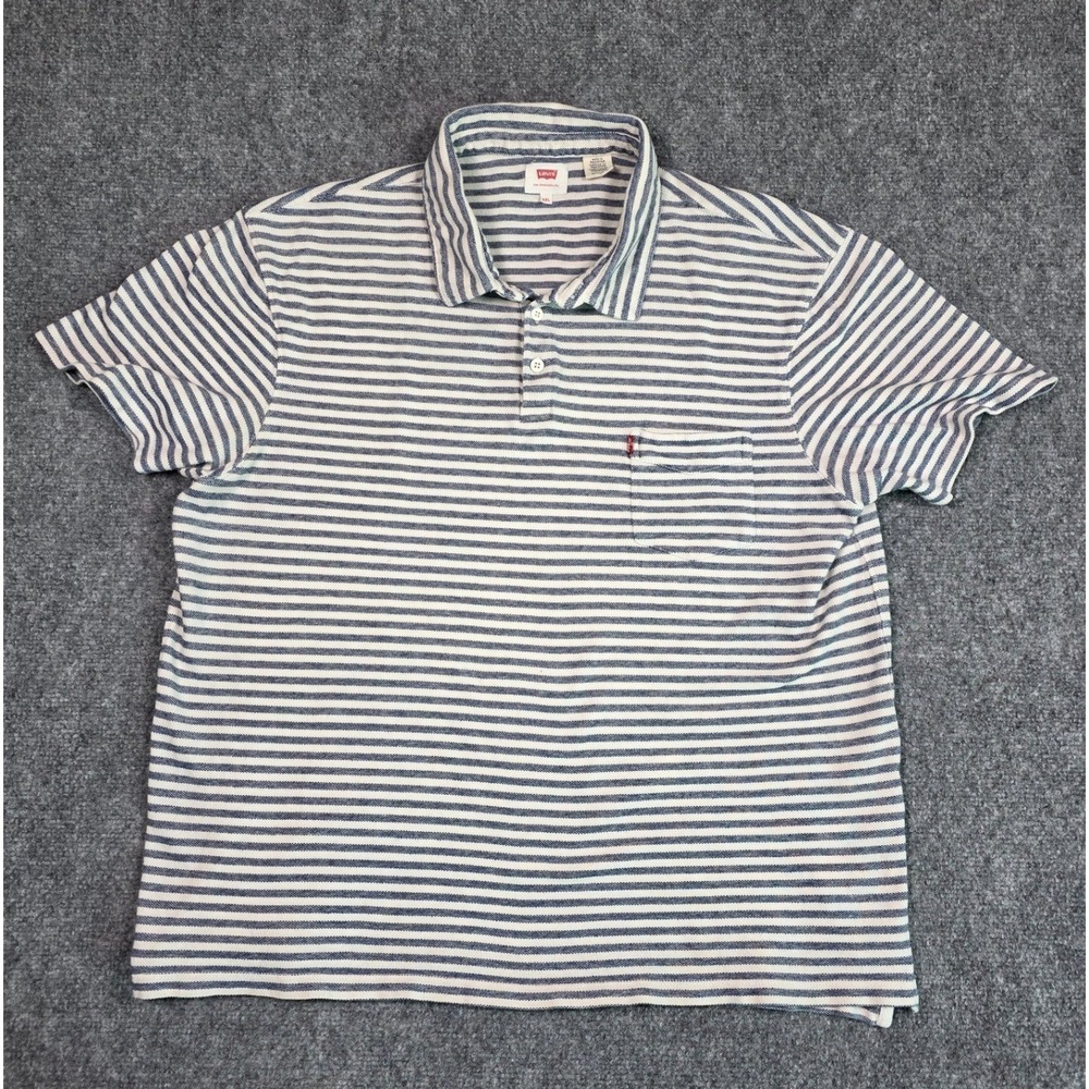 Levi's Polo Shirt Mens XXL (fits small) Blue White Striped Piqué Pocket